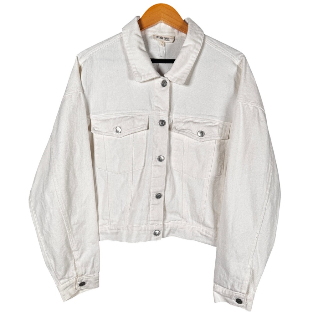 Peach Love California Bride Denim Jacket Womens L White Sequin Fringe Cropped - Picture 2 of 11